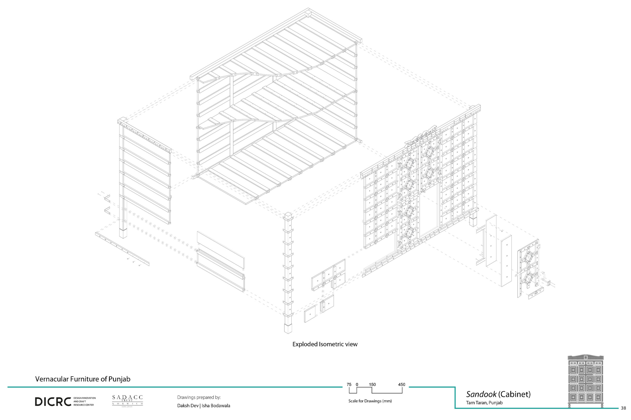 Digital drawing showing the exploded view of a wooden storage unit from Punjab called sandook