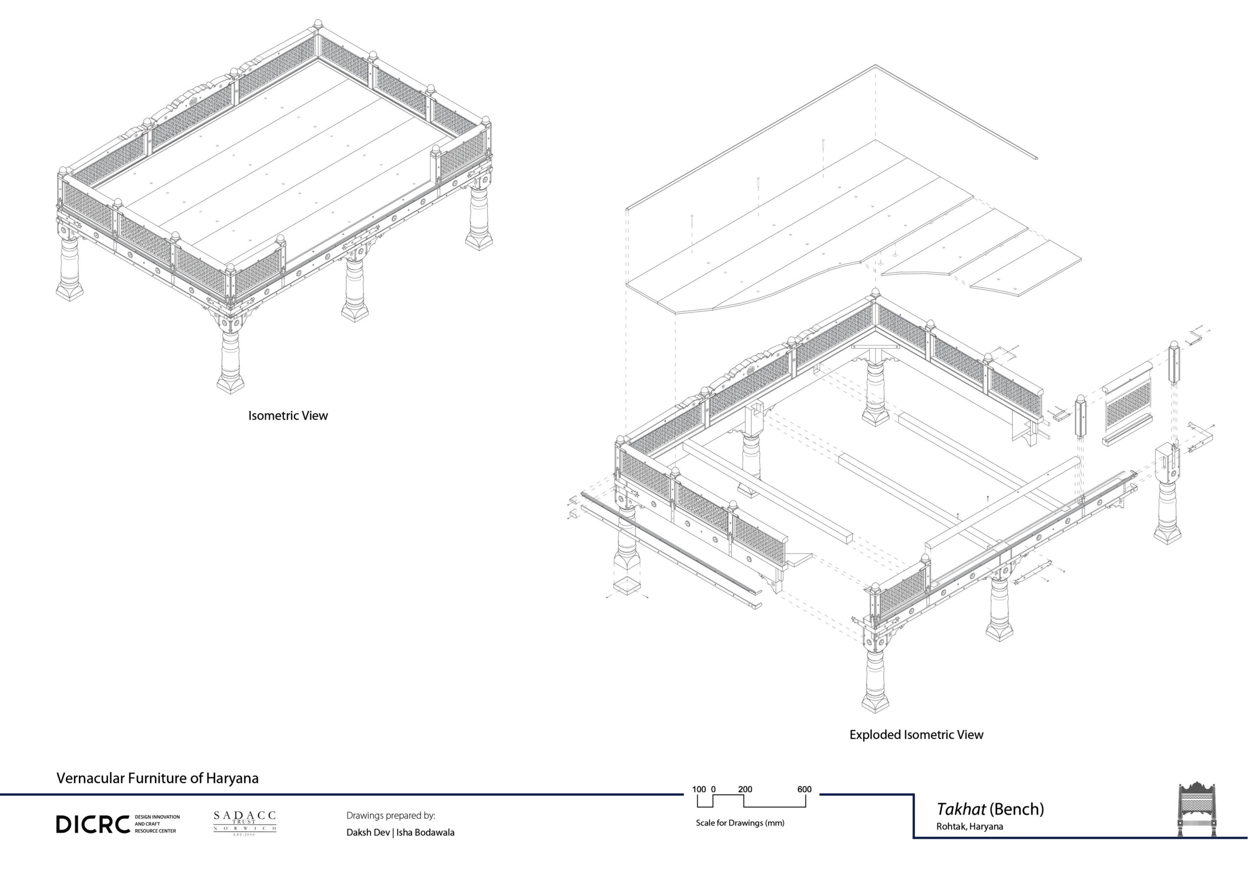 Digital drawing showing the isometric & exploded view of an elevated bench with railings from Haryana called takhat