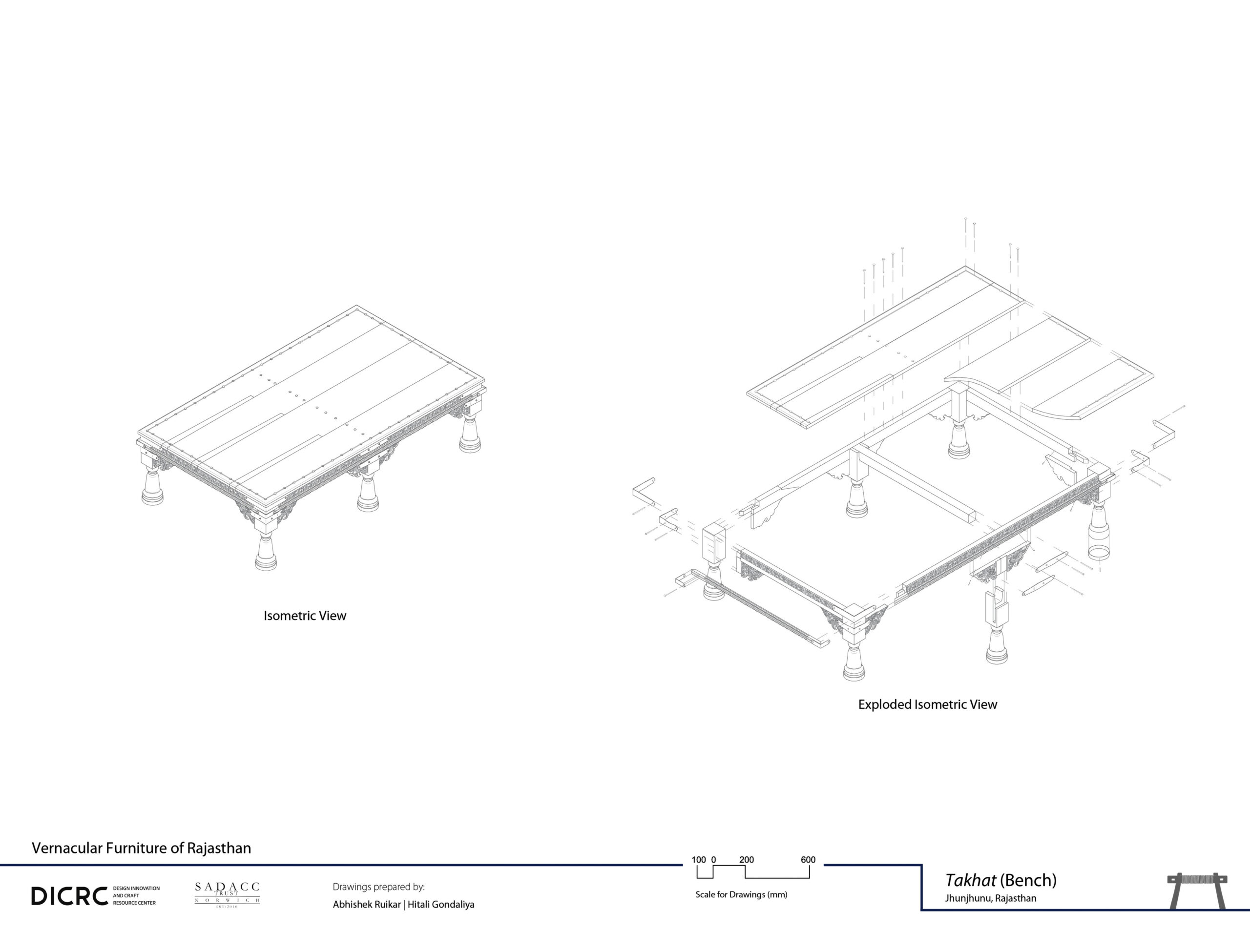 Digital drawing showing the isometric & exploded view of an elevated bench from Rajasthan called takhat