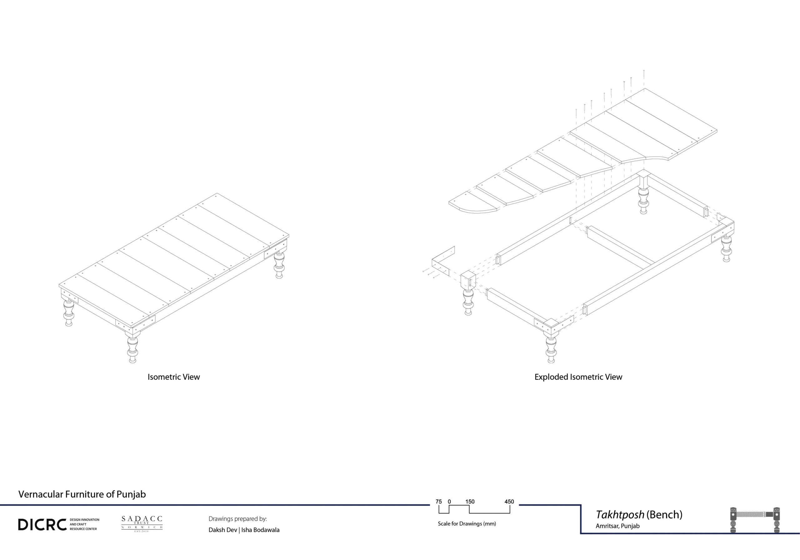 Digital drawing showing the isometric & exploded view of an elevated bench from Punjab called takhatposh