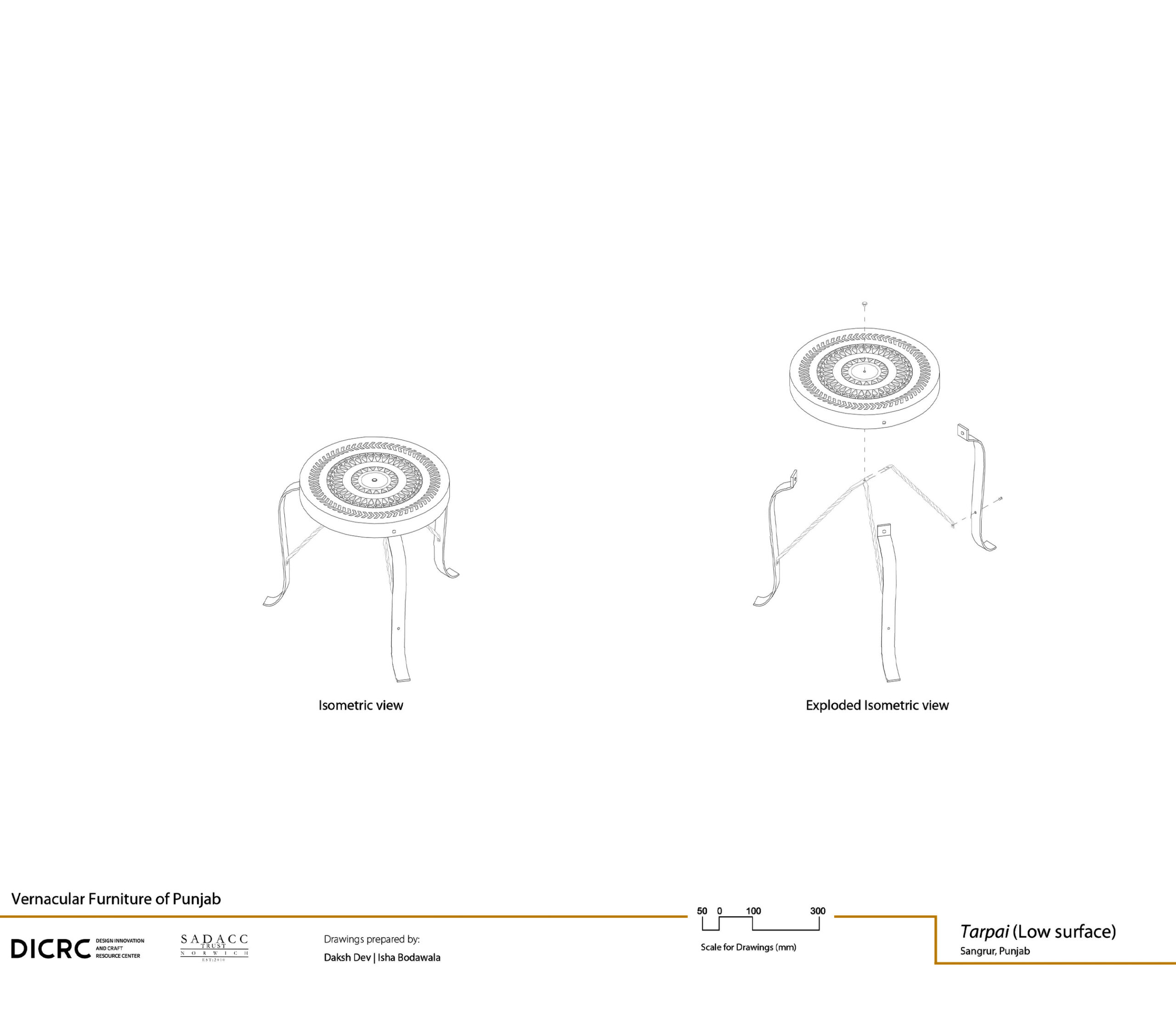Digital drawing showing the isometric & exploded view of a metal low-table from Punjab called tarpai