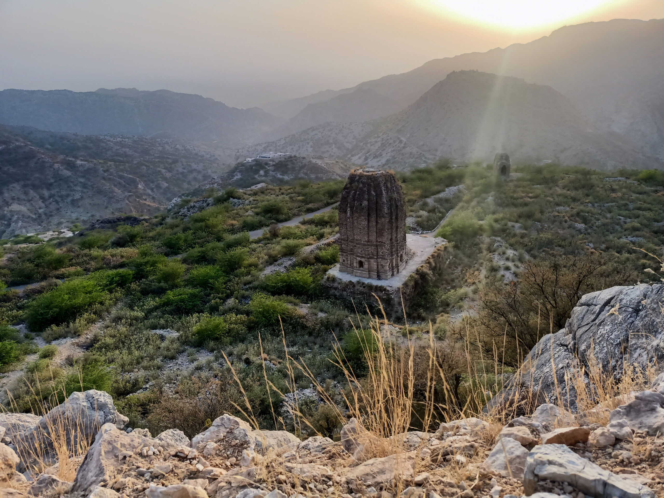 Photograph taken from a nearby hill showing the ruins of the two Amb Temples in Khushab, Pakistan