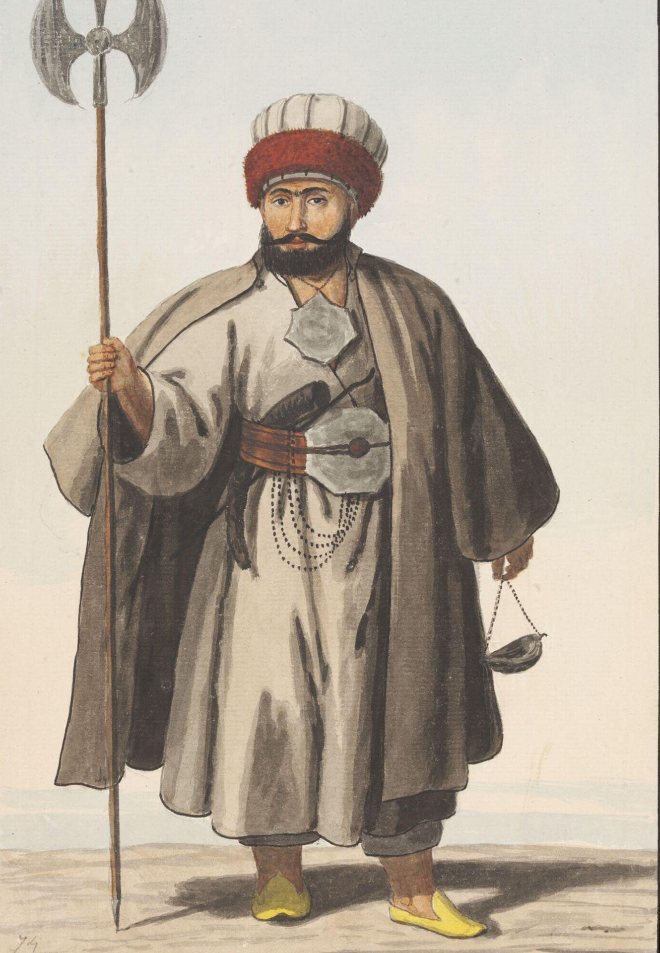 Early 19th century watercolour painting of a wandering dervish belonging to the Bektasi order holding an axe in one hand and a kashkul in the other