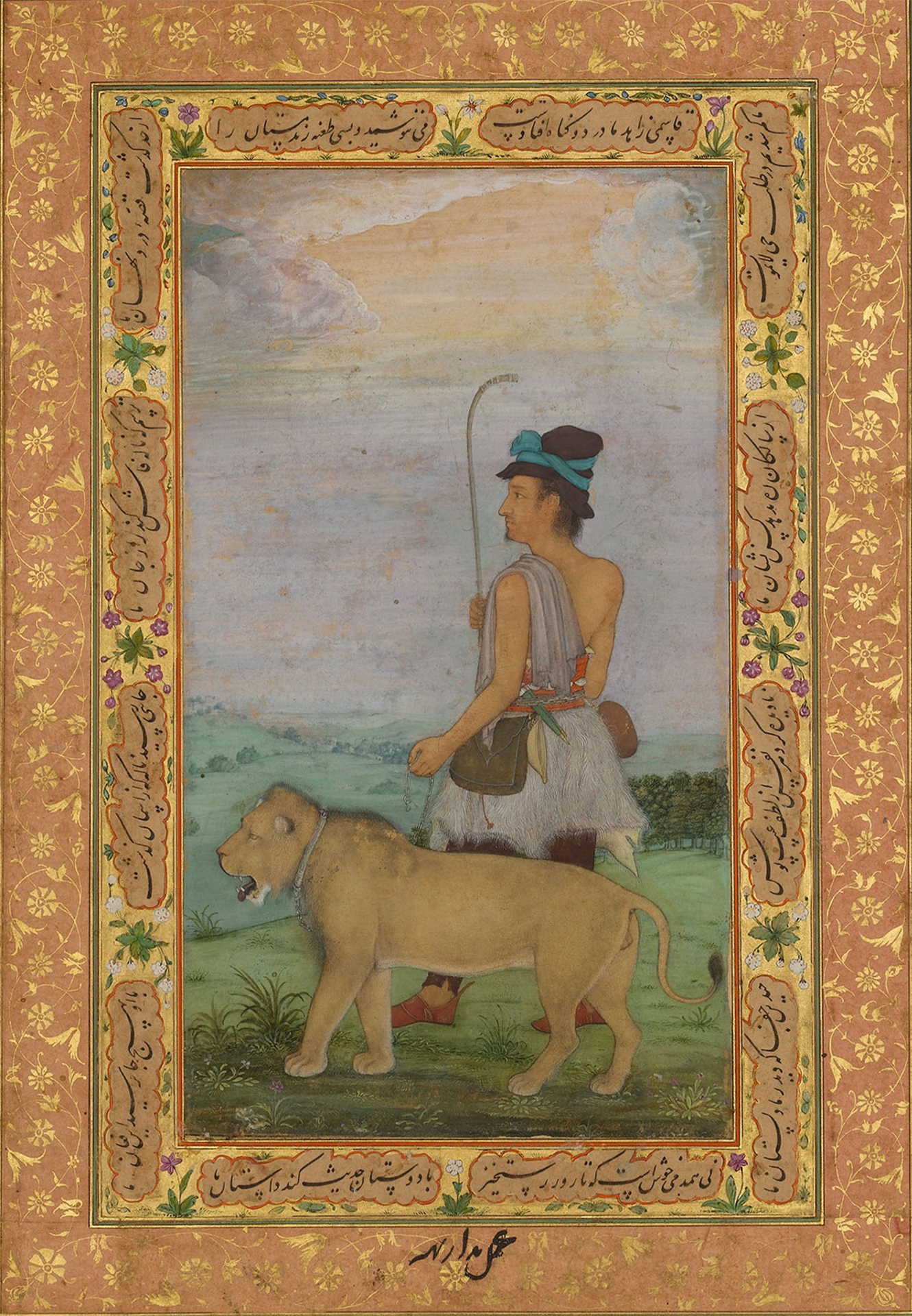 Mid-17th century illustrated folio from the Shah Jahan Album showing a dervish dressed in a fur skirt carrying a kashkul, alongside a lion