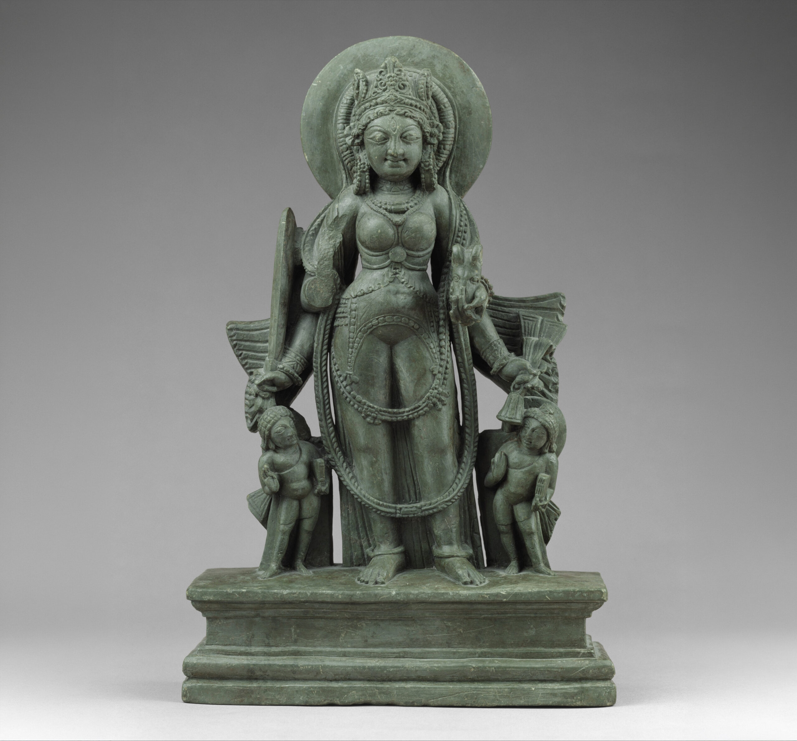 Photograph of a late 9th century four-armed Goddess made out of schist from Kashmir Valley that possibly could be the Goddess Sharada