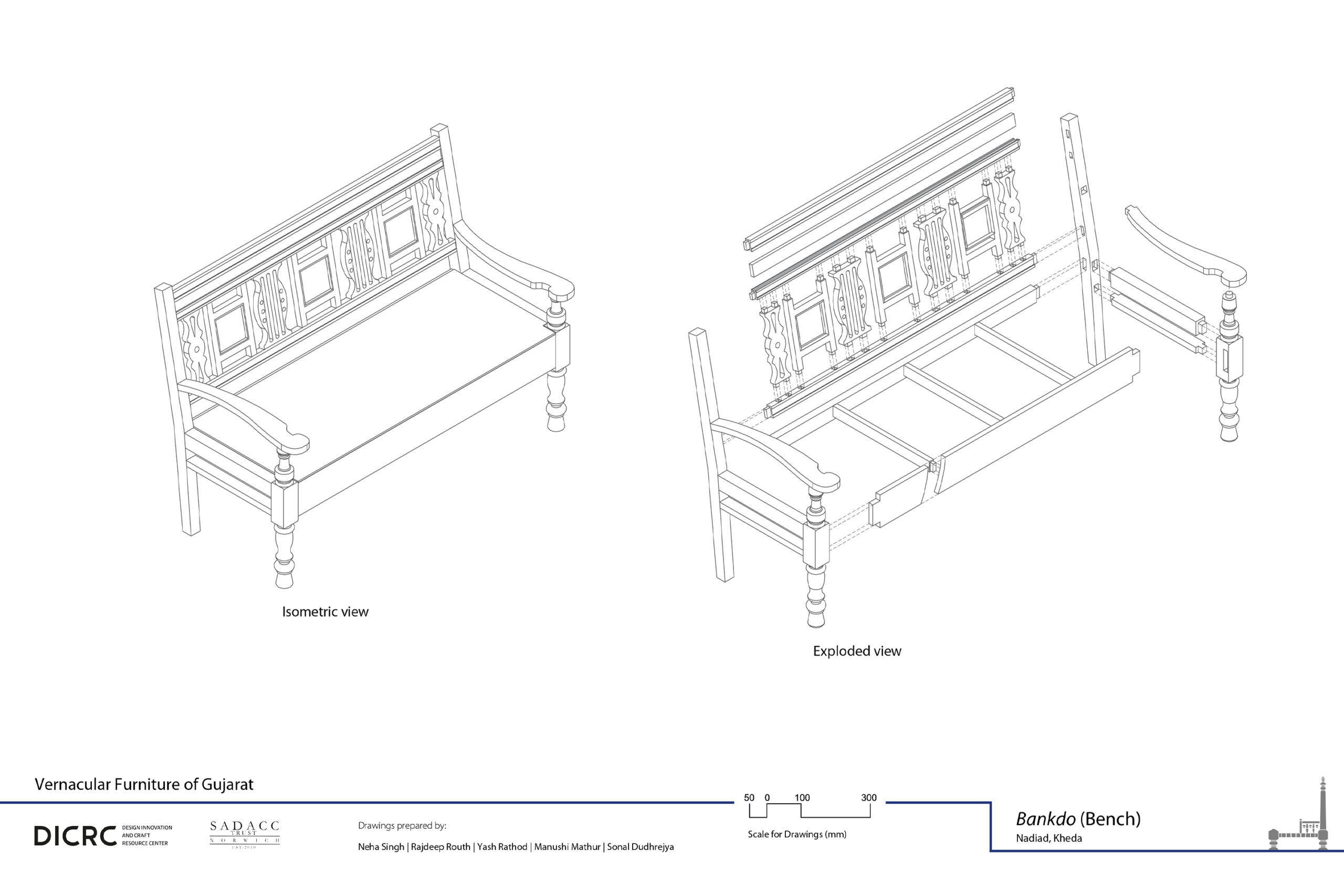 Digital drawing showing the isometric & exploded view of a large bench with backrest and armrests called a bankdo