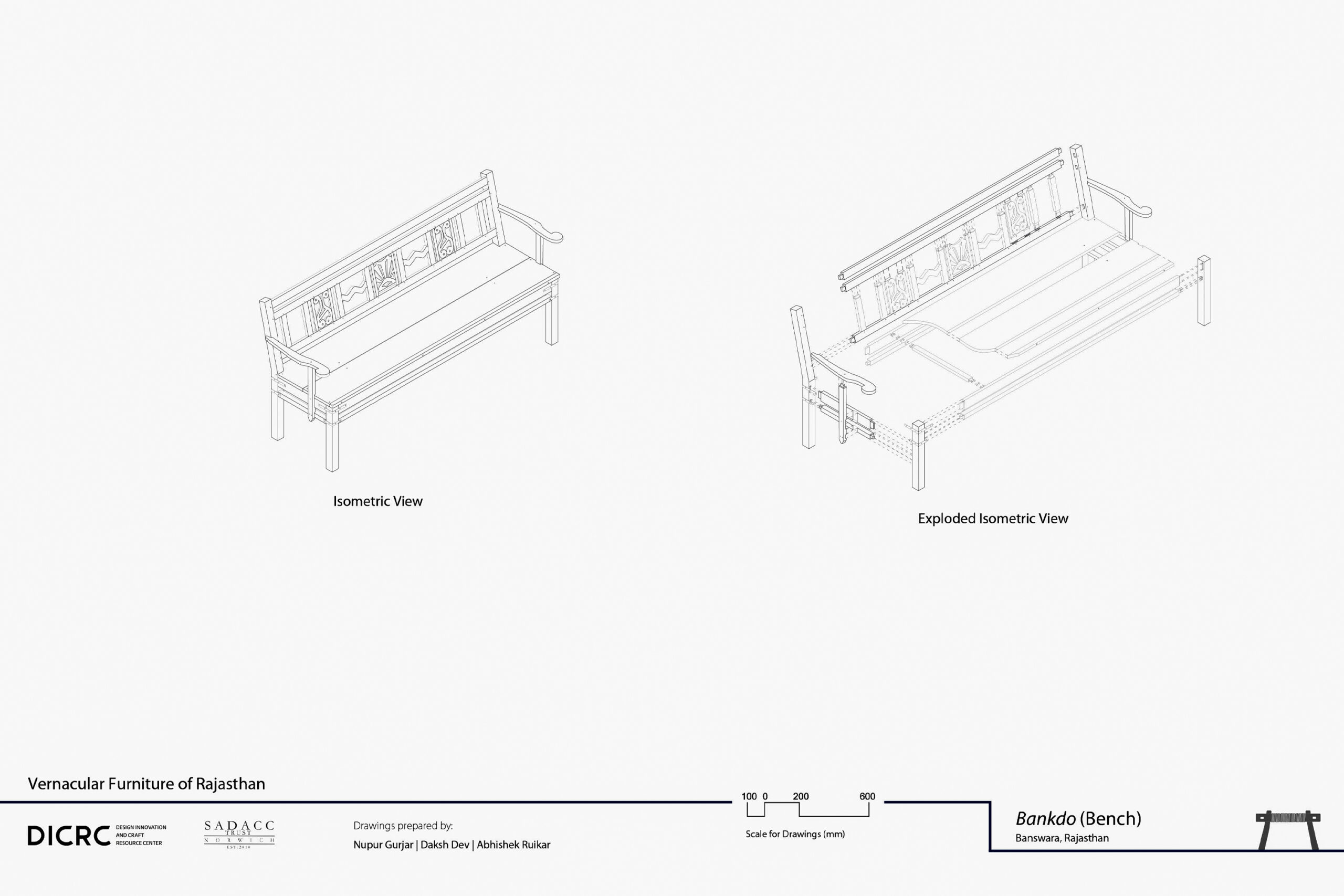 Digital drawing showing the isometric & exploded view of a large bench with backrest and armrests called a bankdo
