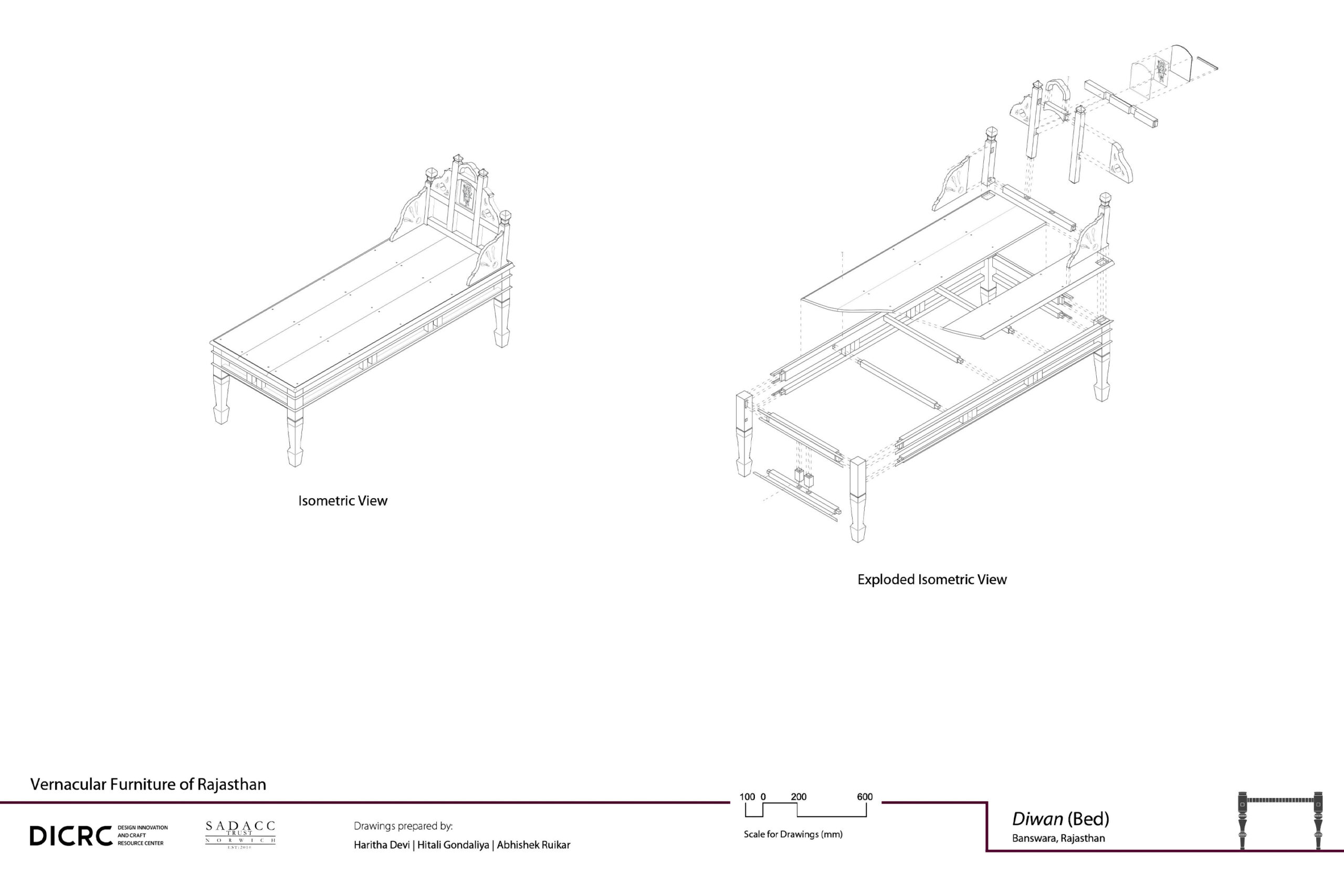 Digital drawing showing the isometric & exploded view of a wooden bed called a diwan