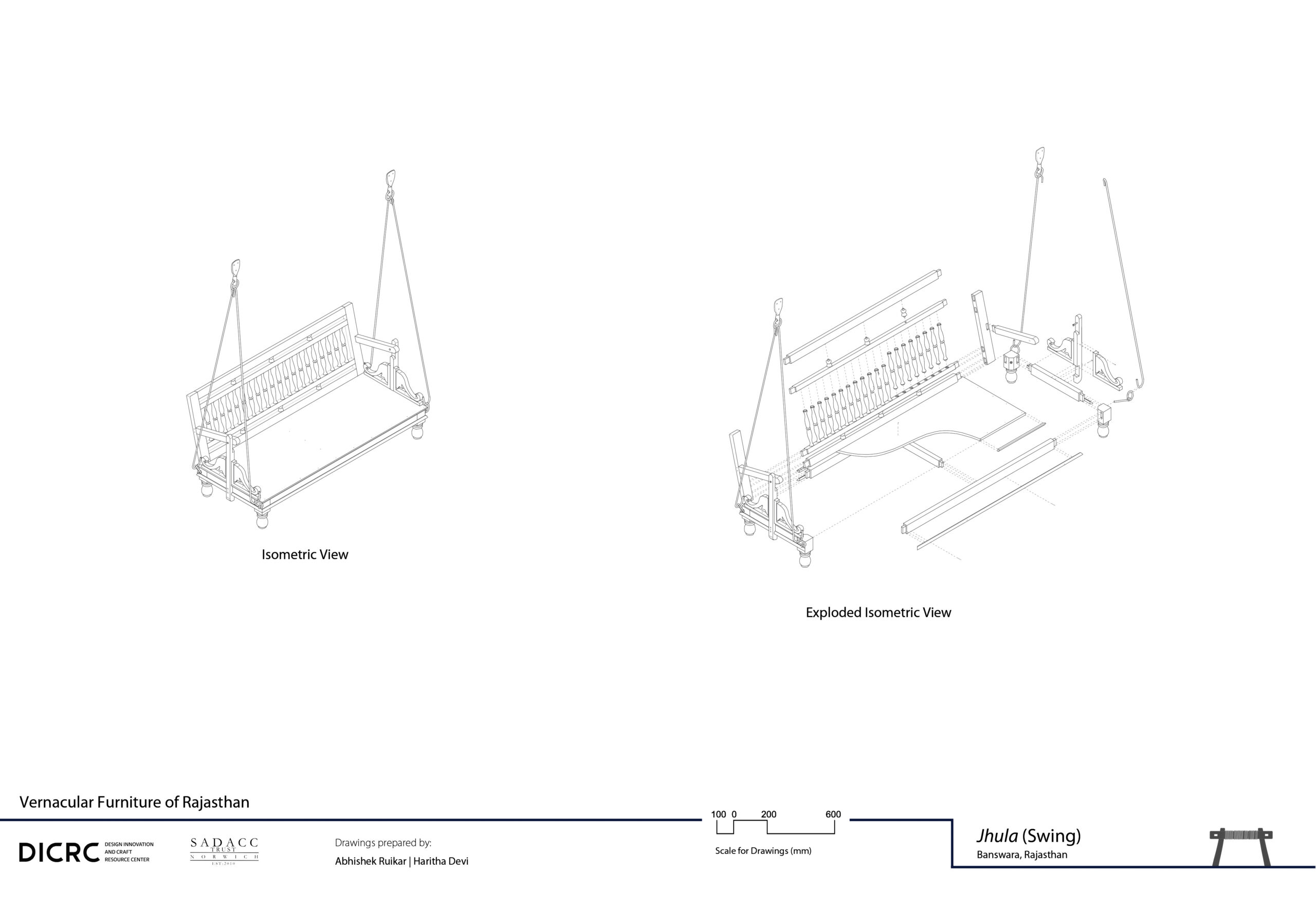 Digital drawing showing the isometric & exploded view of a swing from Rajasthan called jhula