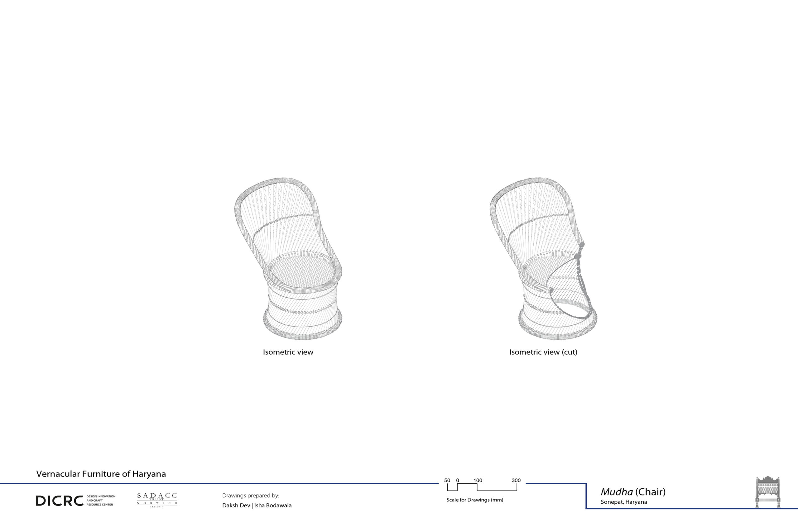 Digital drawing showing the isometric & exploded view of a chair from Haryana called mudha