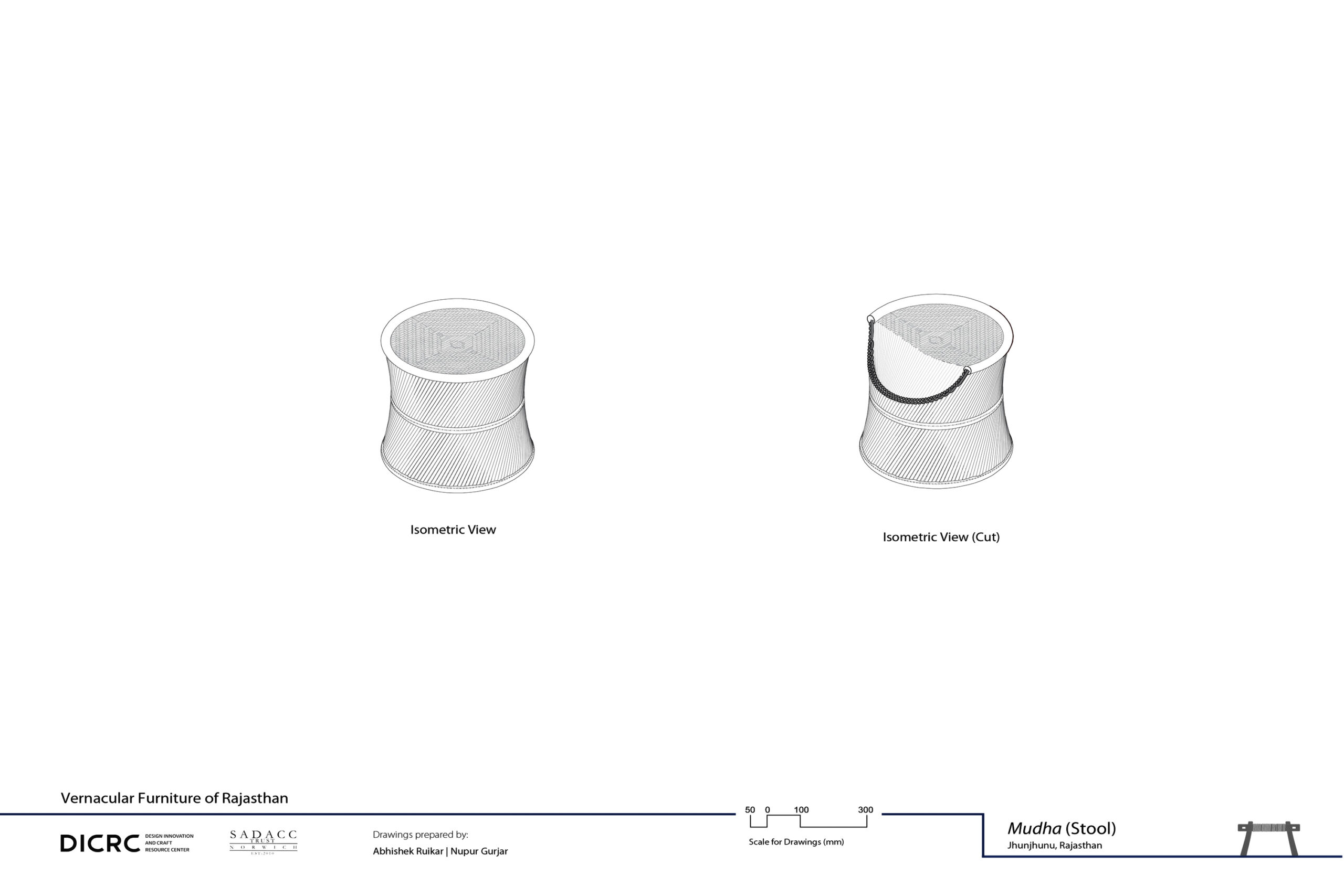 Digital drawing showing the isometric & exploded view of a stool from Rajasthan called mudha