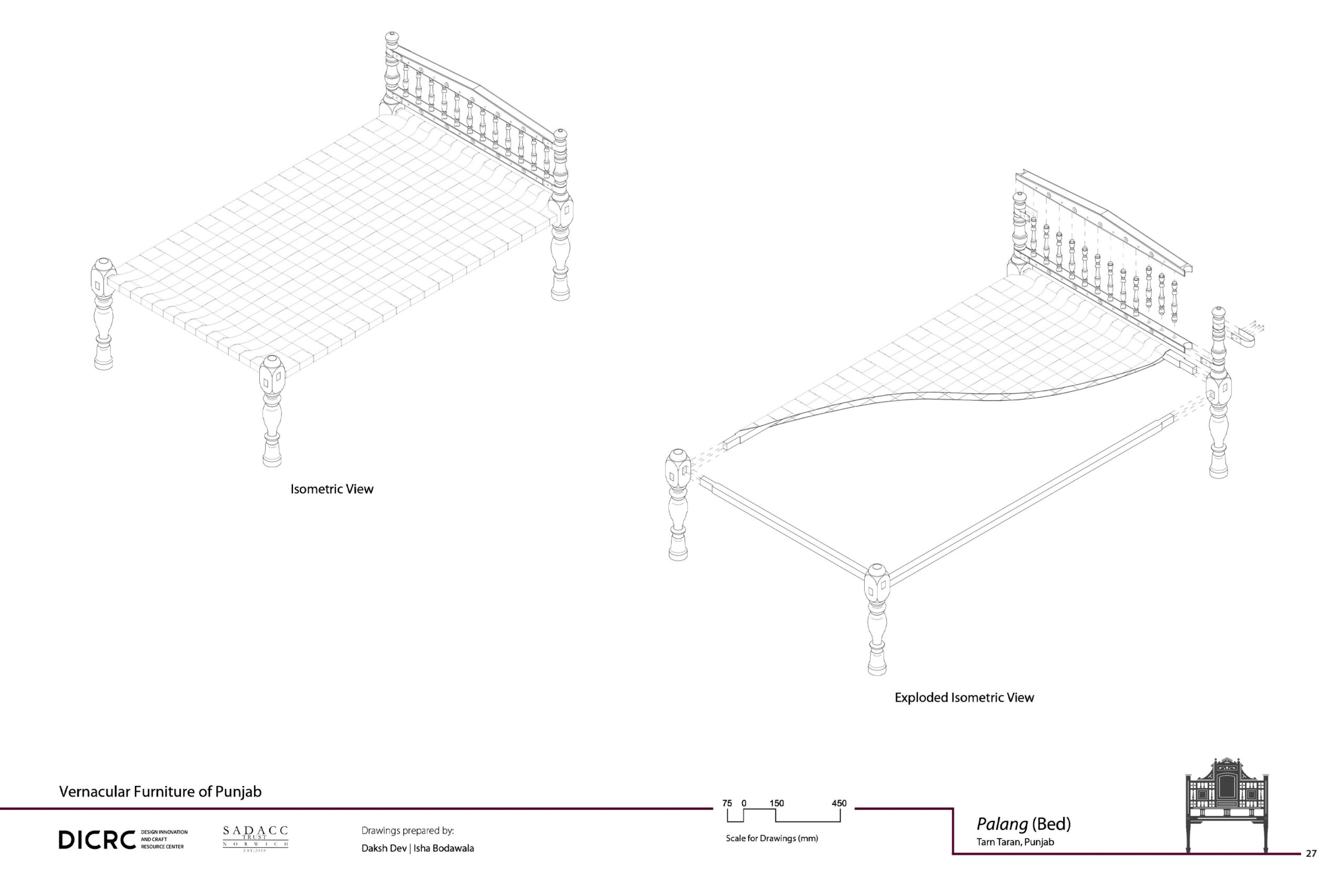 Digital drawing showing the isometric & exploded view of a wooden bed called a palang