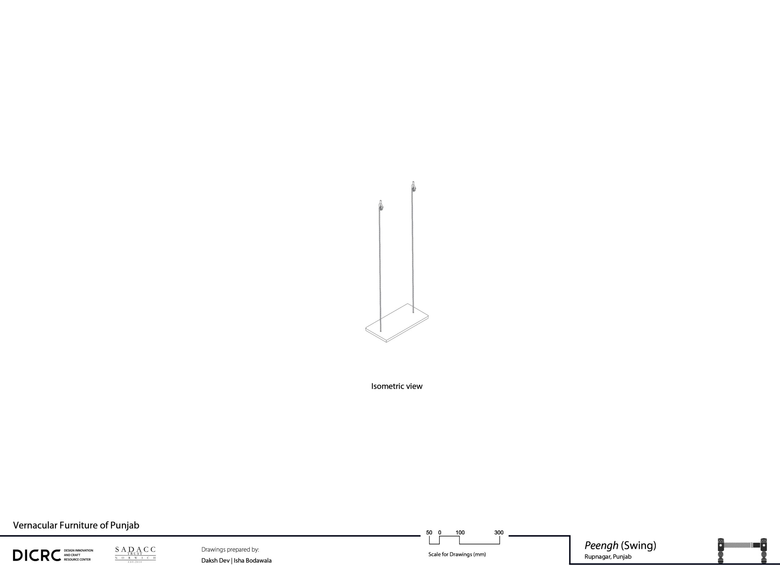 Digital drawing showing the isometric view of a swing from Punjab called peengh