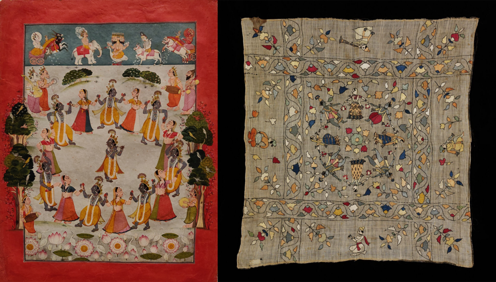 rasa lila Basohli miniature and Chamba rumal depicting rasa lila