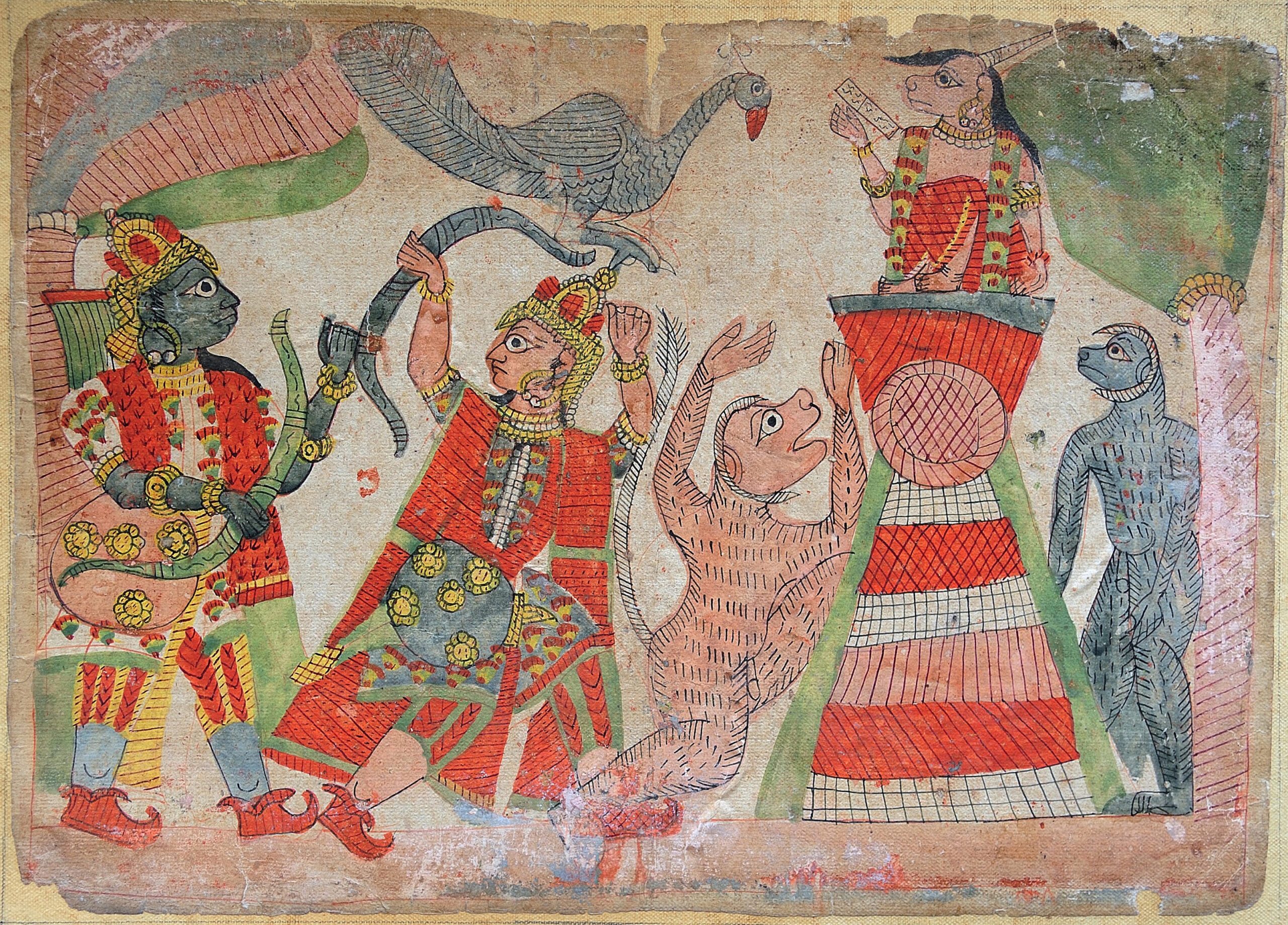 18th century chitrakathi painting from Paithan in Maharashtra depicting the Ramayana heroes Rama and Lakshmana with three monkey warriors