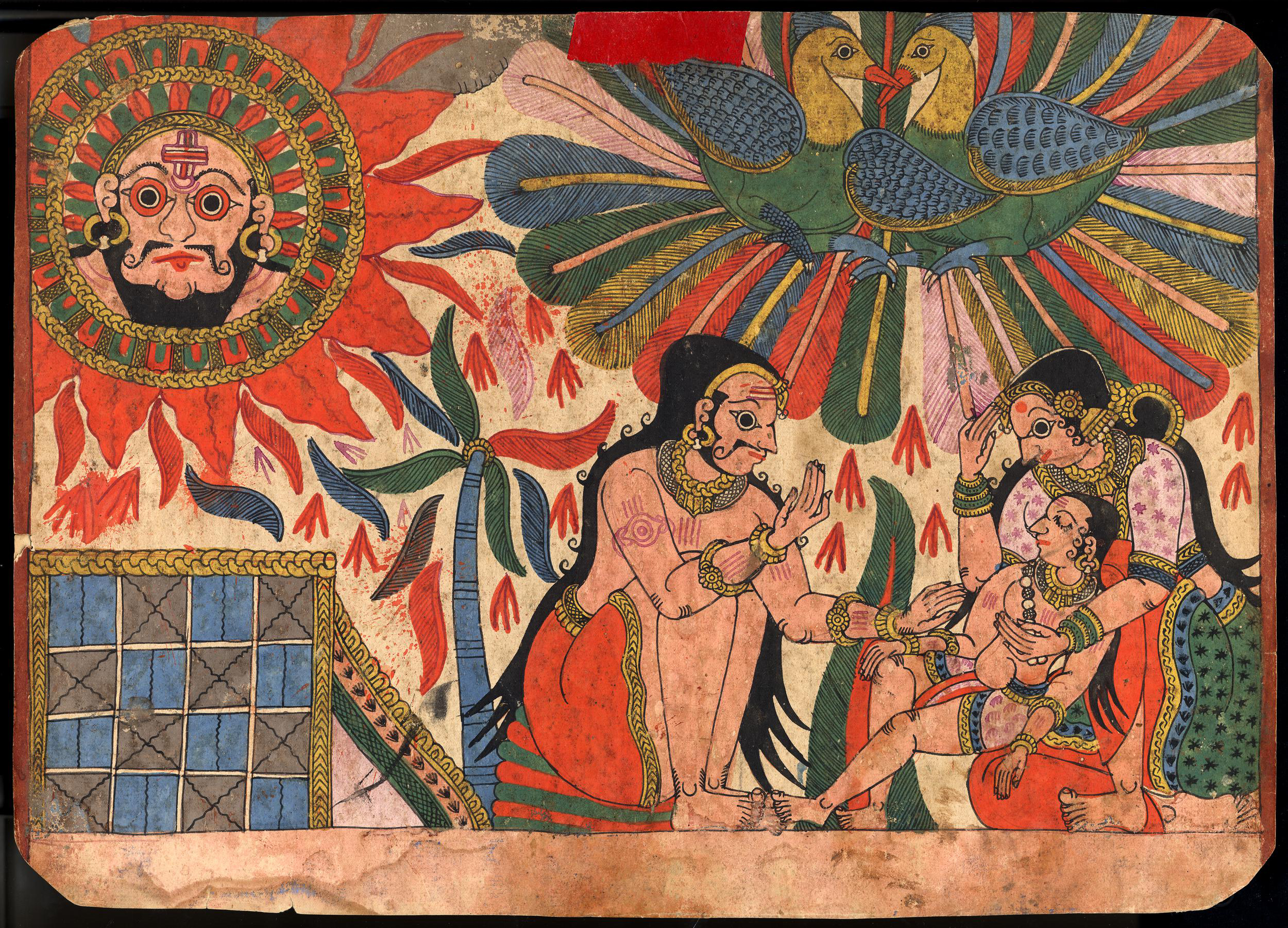Late 18th to early 19th century illustrated Mahabharata folio in Paithan style depicting Harishchandra and Taramati's son fainting from the heat in the jungle