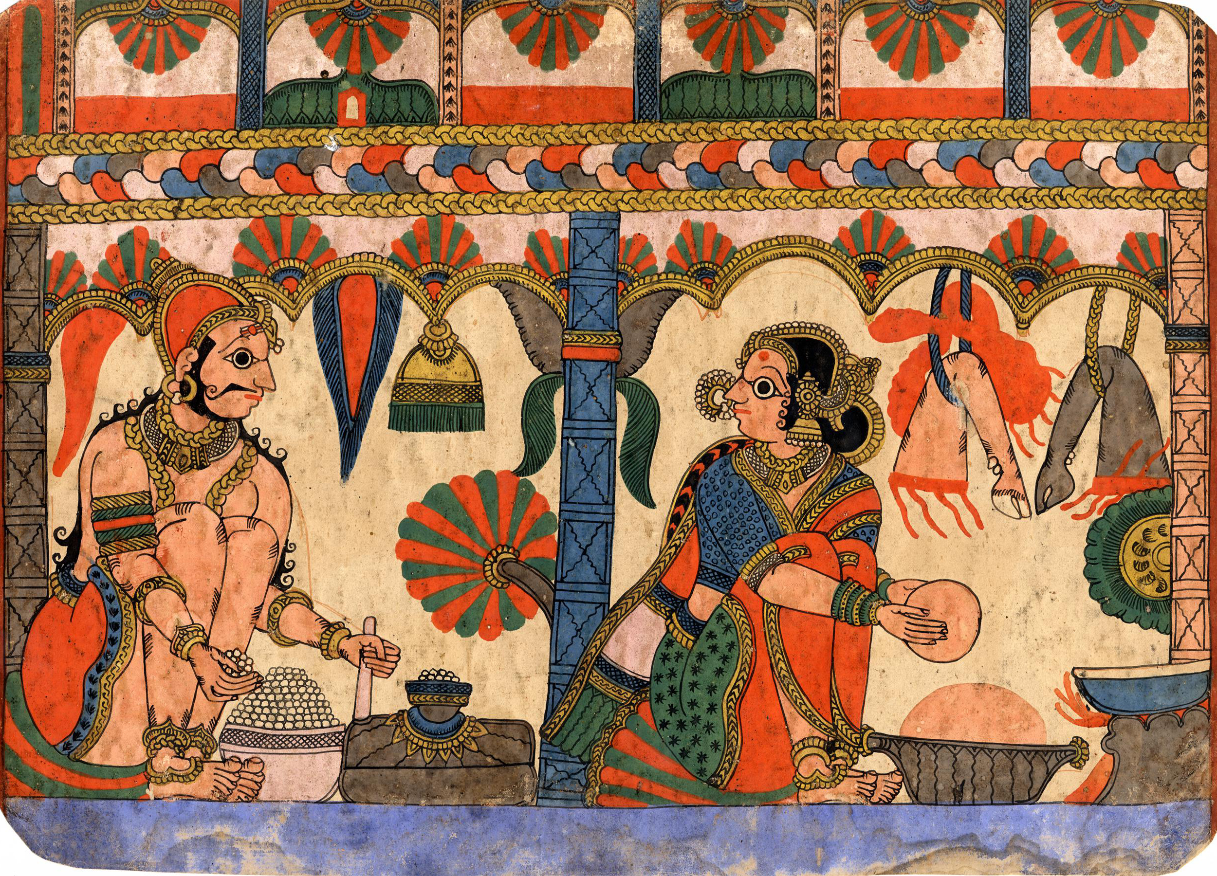 Late 18th to early 19th century illustrated Mahabharata folio in Paithan style depicting Harishchandra helping Sakhu in the kitchen