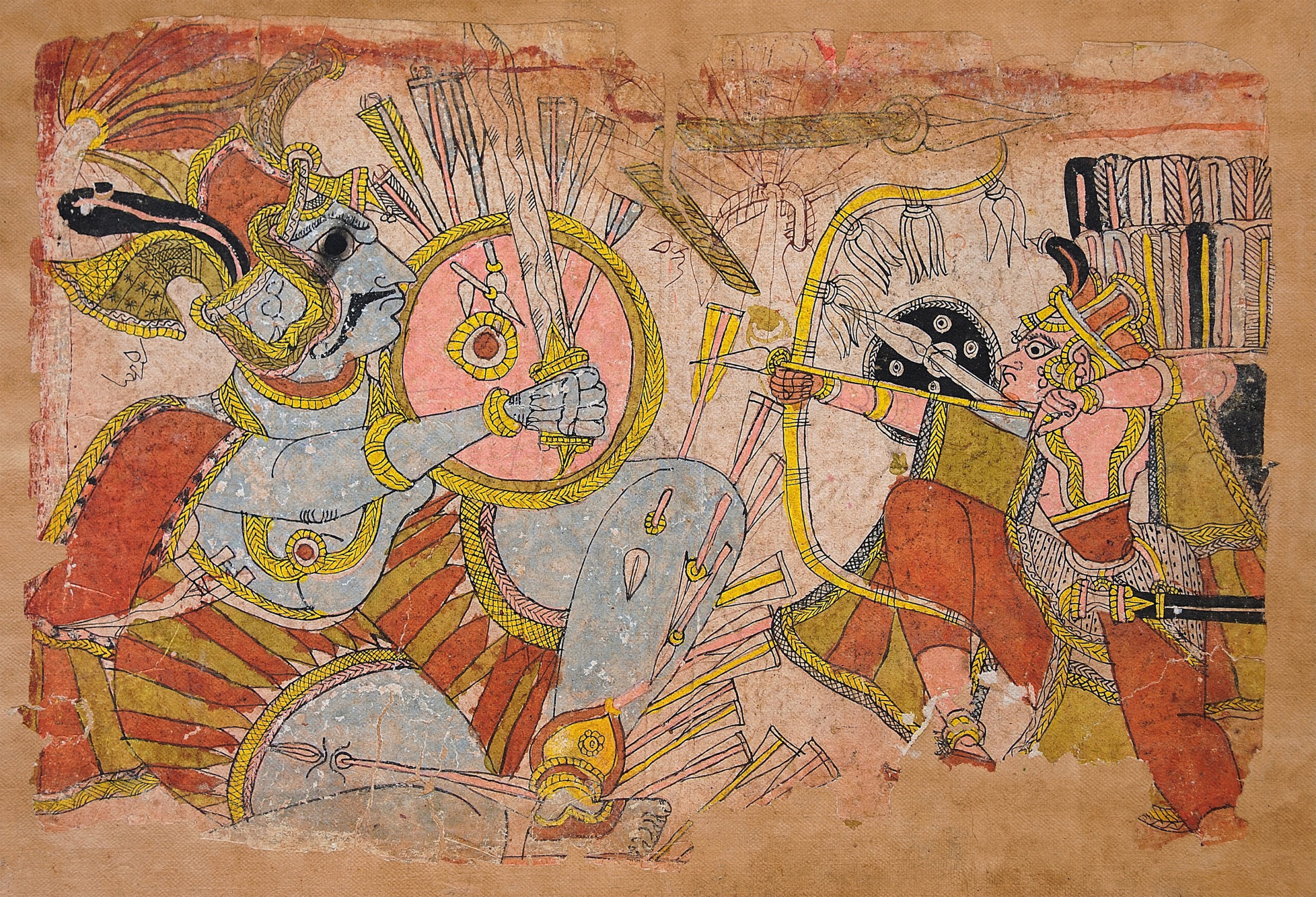 18th century chitrakathi painting from Paithan in Maharashtra depicting the Ramayana characters Lakshmana and Indrajit in battle