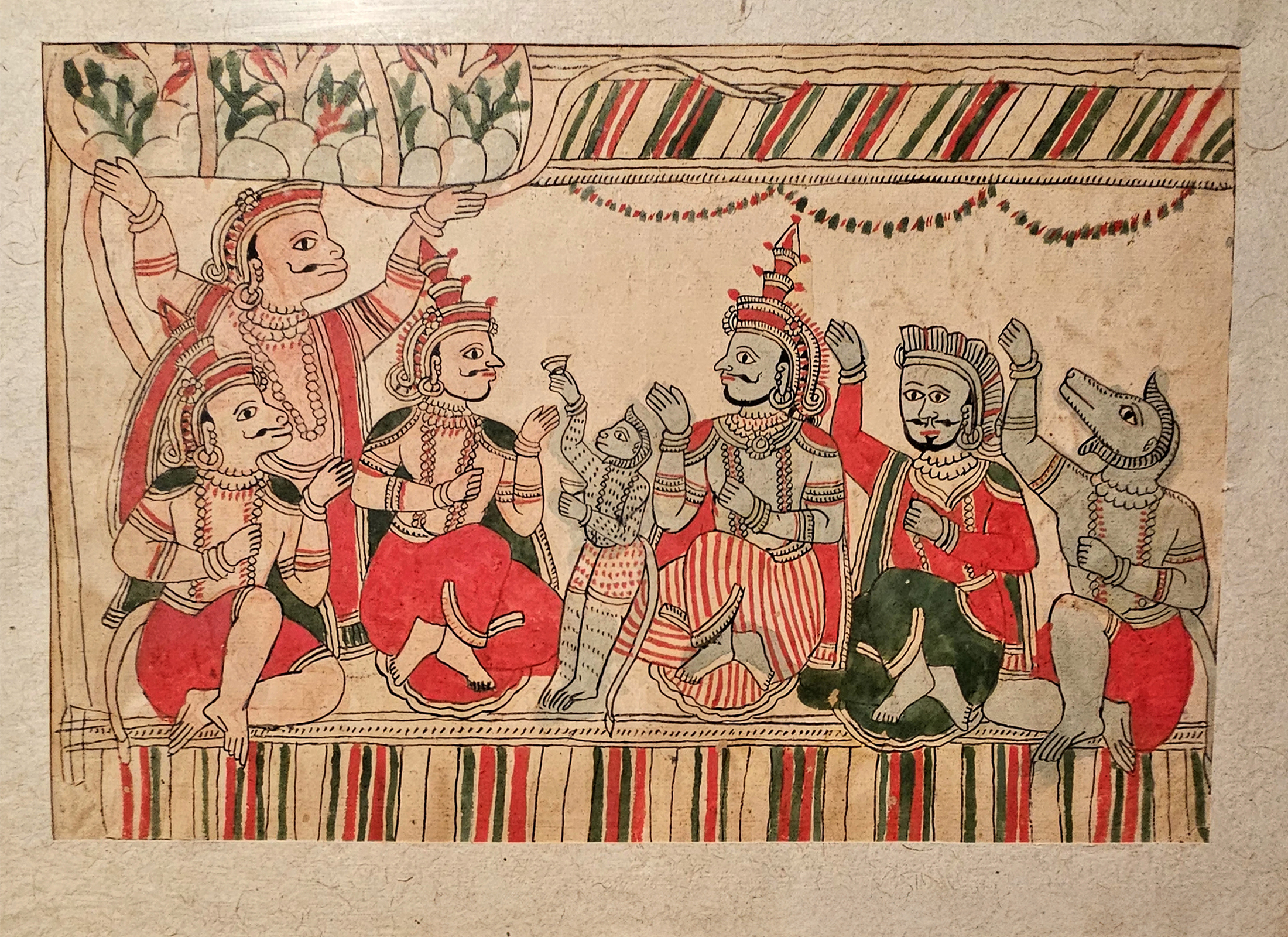 Contemporary chitrakathi painting done in the Pinguli style showing Hanuman carrying Dronagiri