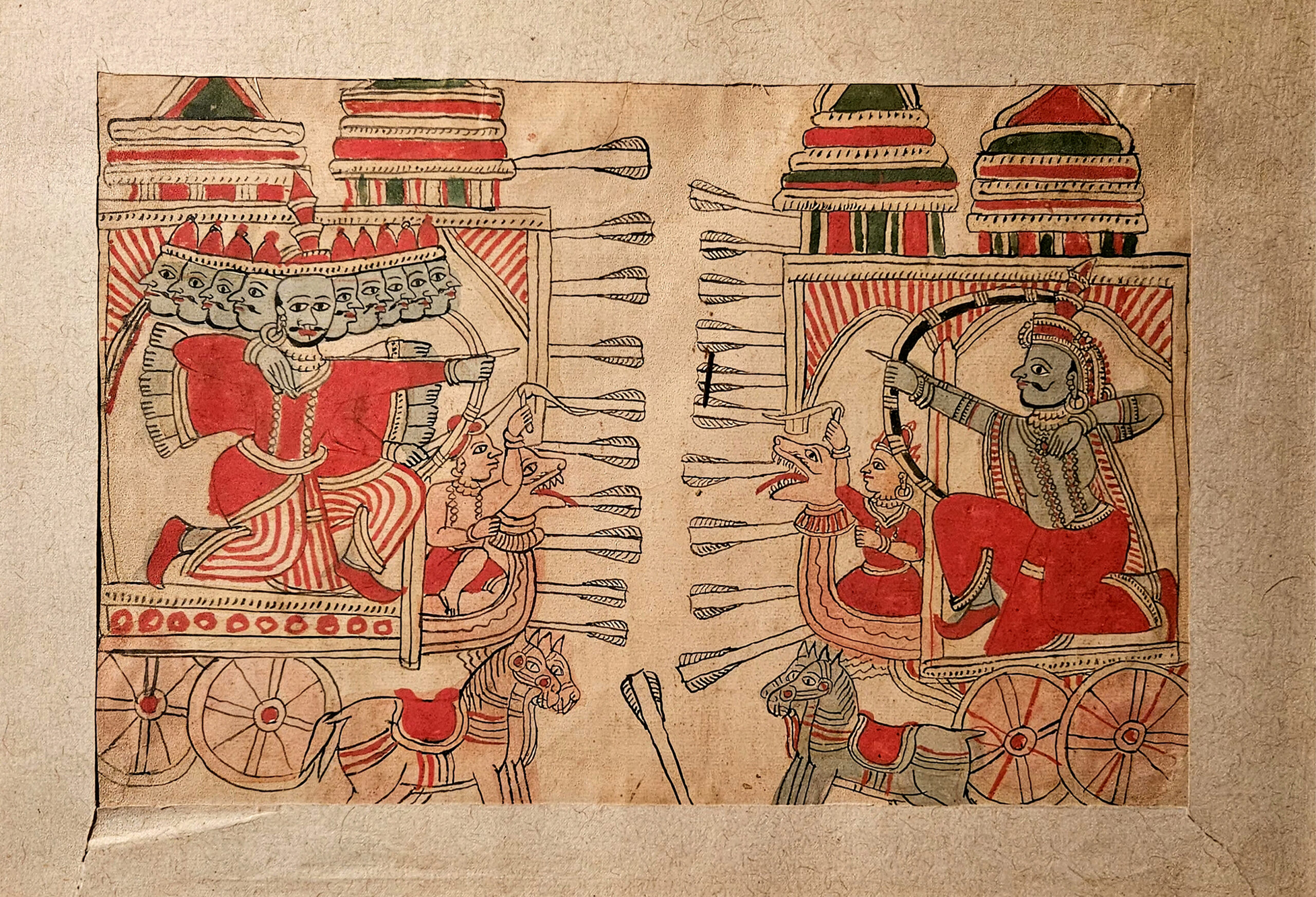 Contemporary chitrakathi painting done in the Pinguli style showing Rama and Ravana in battle