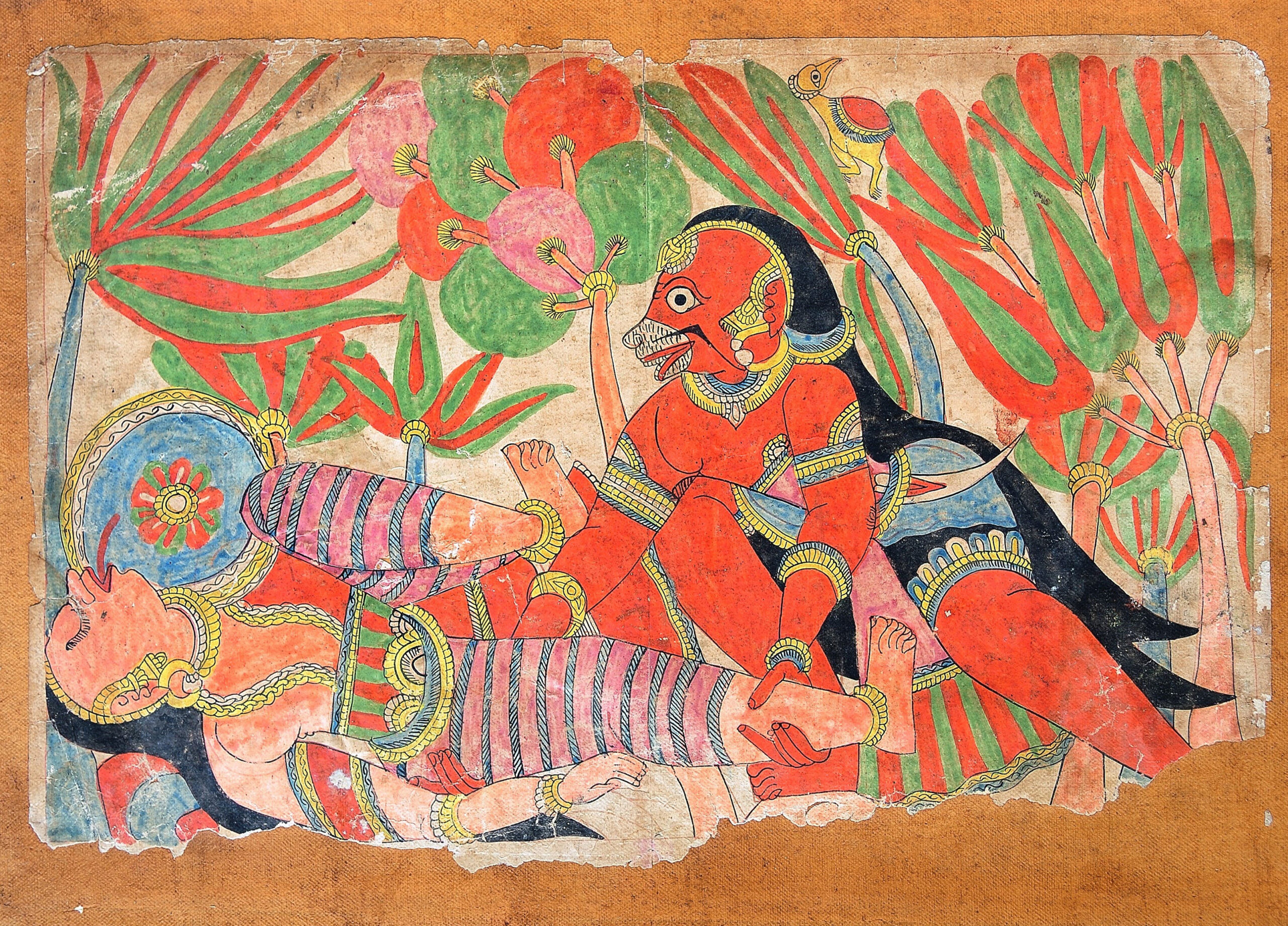 18th century chitrakathi painting from Paithan in Maharashtra depicting the Ramayana character Hanumana subduing a demoness named Surasa