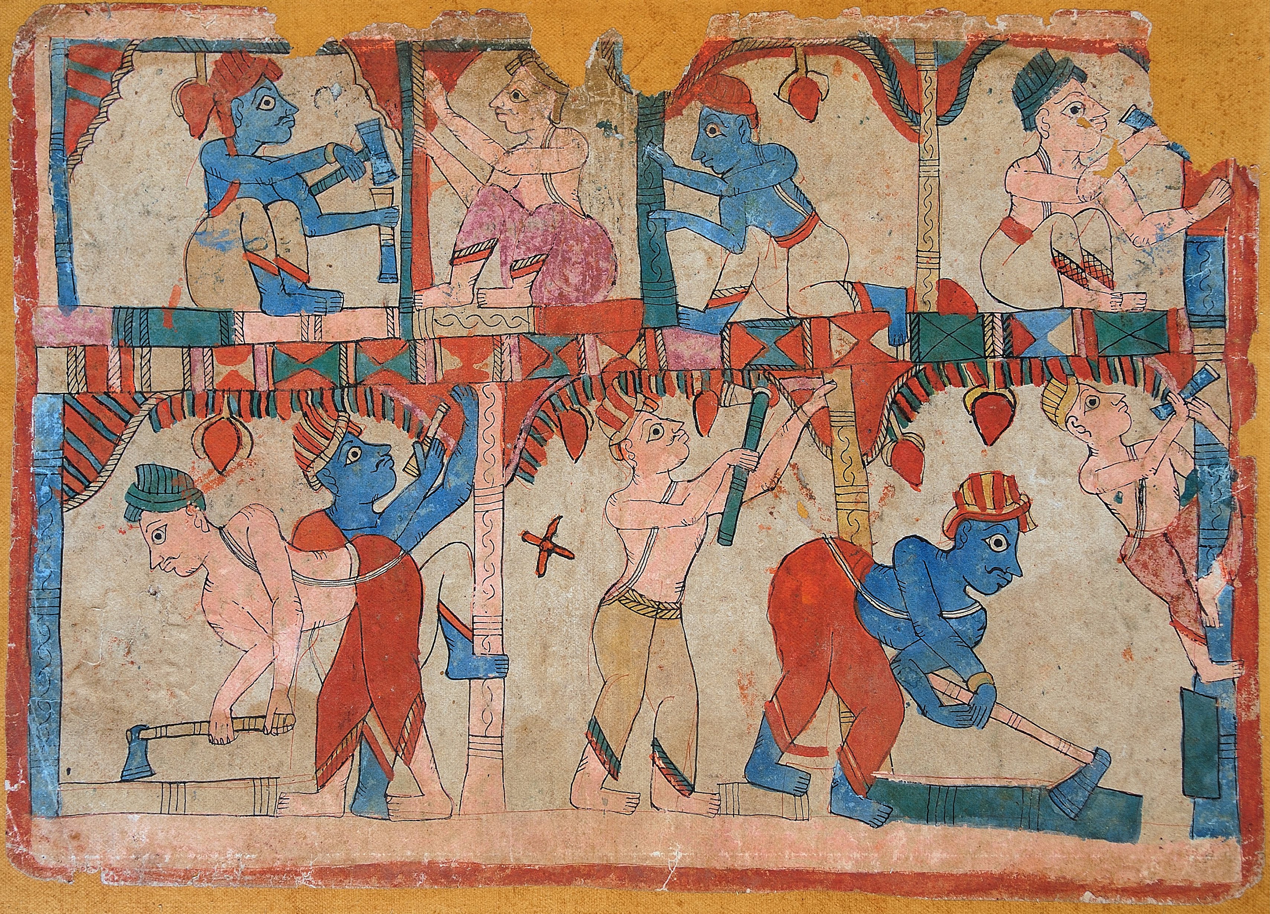 18th century chitrakathi painting from Paithan in Maharashtra depicting artisans working on a building