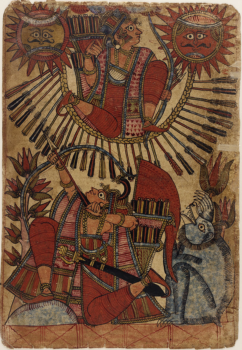 Mid-19th century illustrated folio from a Mahabharata depicting Vrishaketu shooting Babhruvahana into the air on a circle of arrows