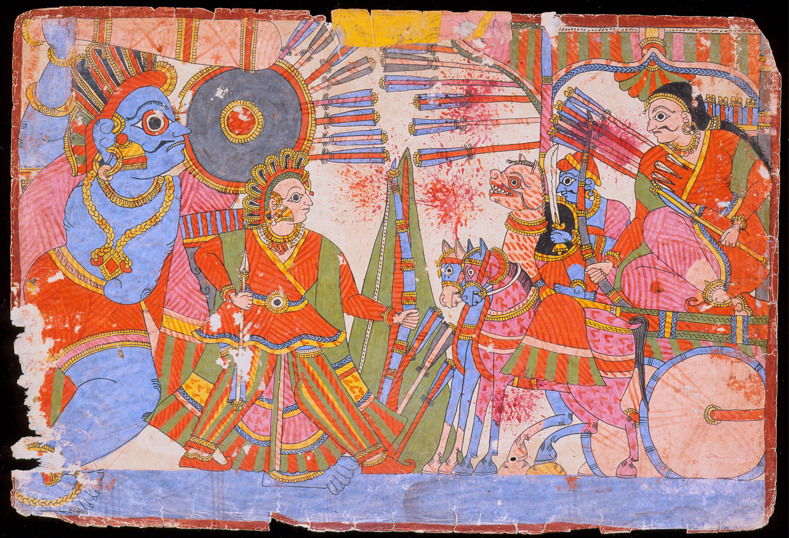 Mid-19th century illustrated folio from a Mahabharata depicting Vrishaketu and Bhima fighting Yavanatha