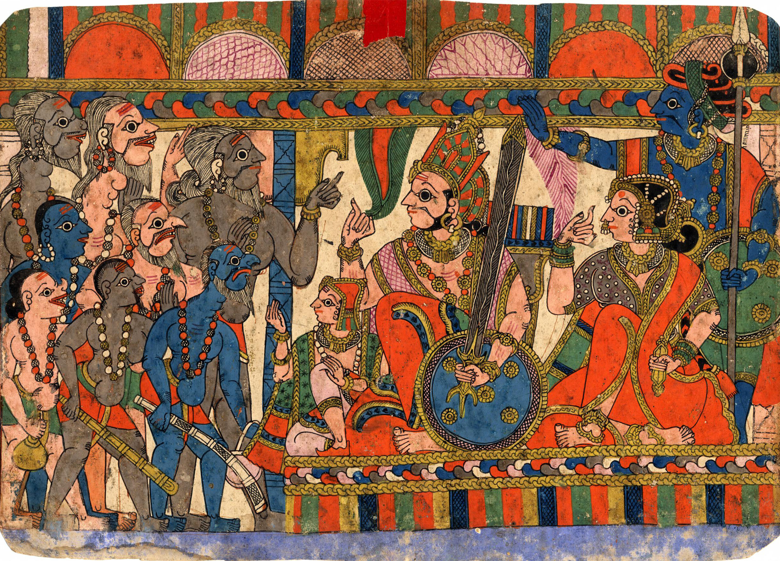 Late 18th to early 19th century illustrated Mahabharata folio in Paithan style depicting Vishvamitra and his followers meeting King Harishchandra and his family