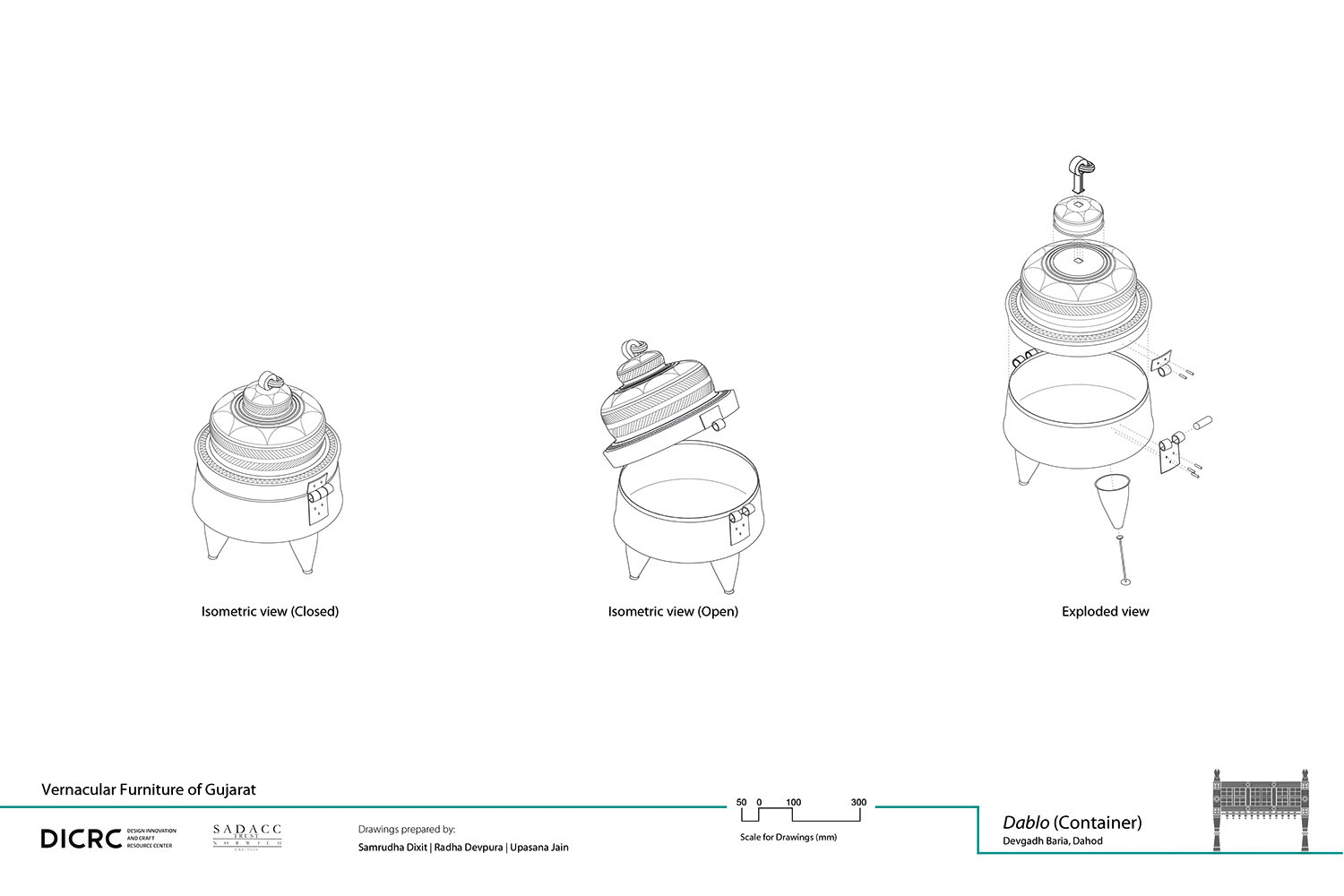 Digital drawing showing the isometric & exploded view of a brass container from Gujarat called dablo