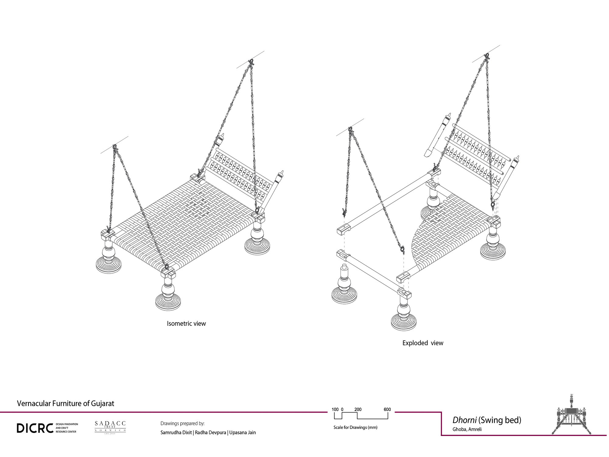 Digital drawing showing the isometric & exploded view of a swing bed from Gujarat called a dhorni
