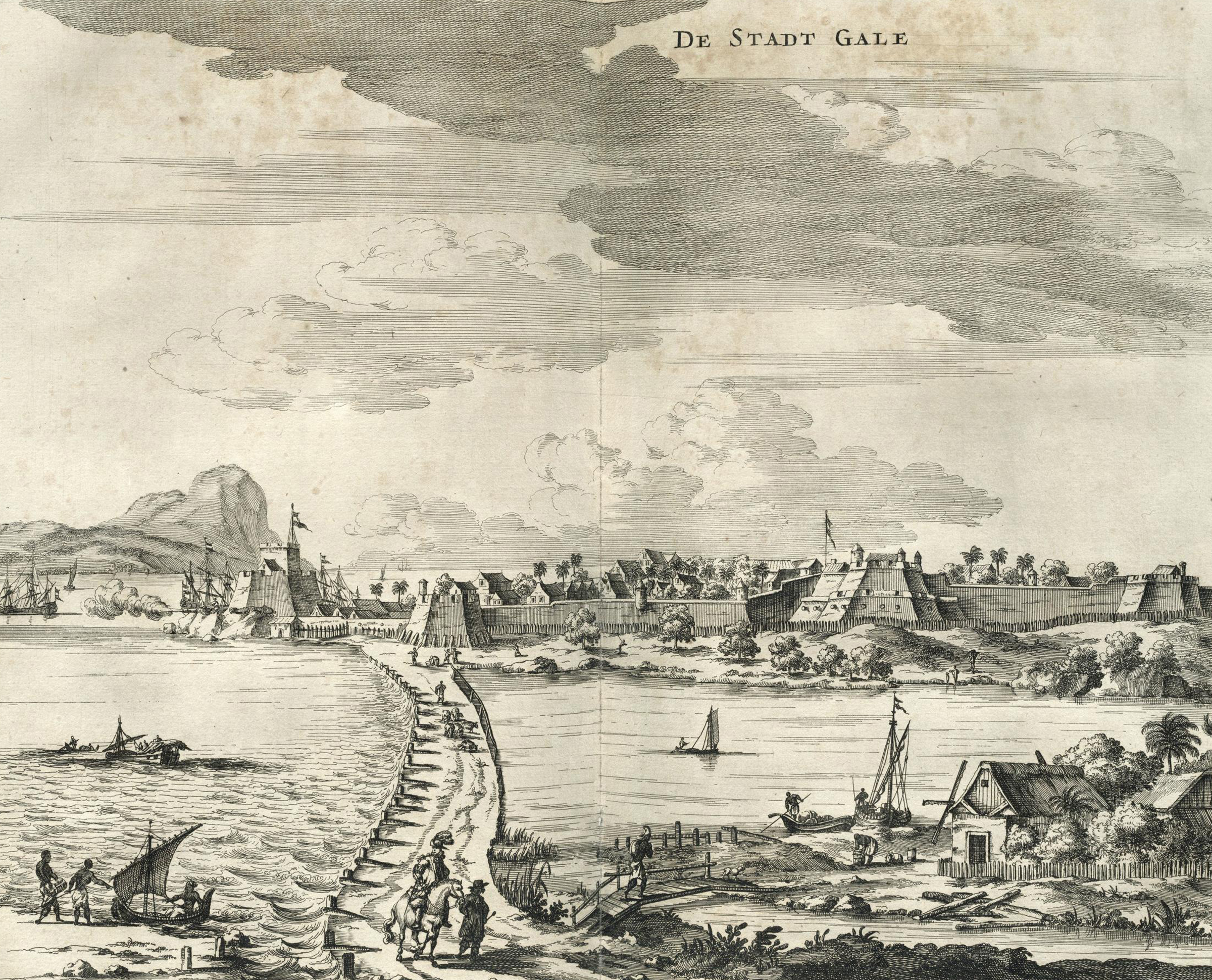 Late 17th century Dutch copperplate print by Johannes Janssonius Waasbergen showing a view of the Galle Fort