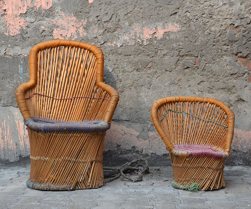 Photograph of two different types of mudha with backrests from Panipat, Haryana