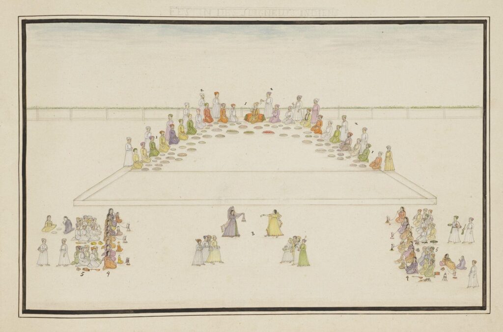 A feast thrown by a Mughal nobleman watercolour