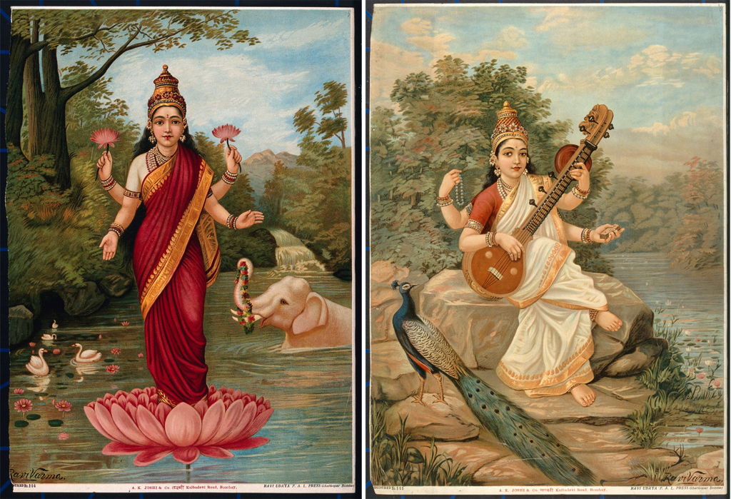 Lakshmi and Saraswati Chromolithographs Ravi Varma Press