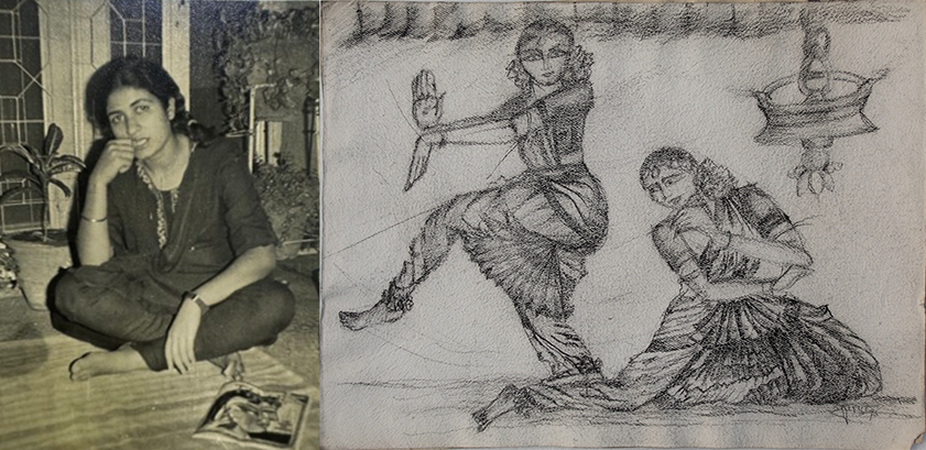 Seema Kohli as a young artist and Seema Kohli's sketch