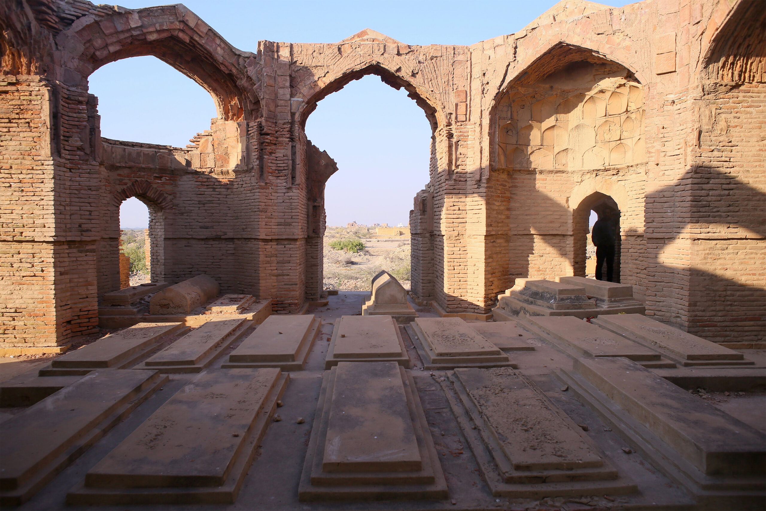 Photograph showing the inner view of the domeless tomb of Khusrau Khan Charkhas at Makli Necropolis